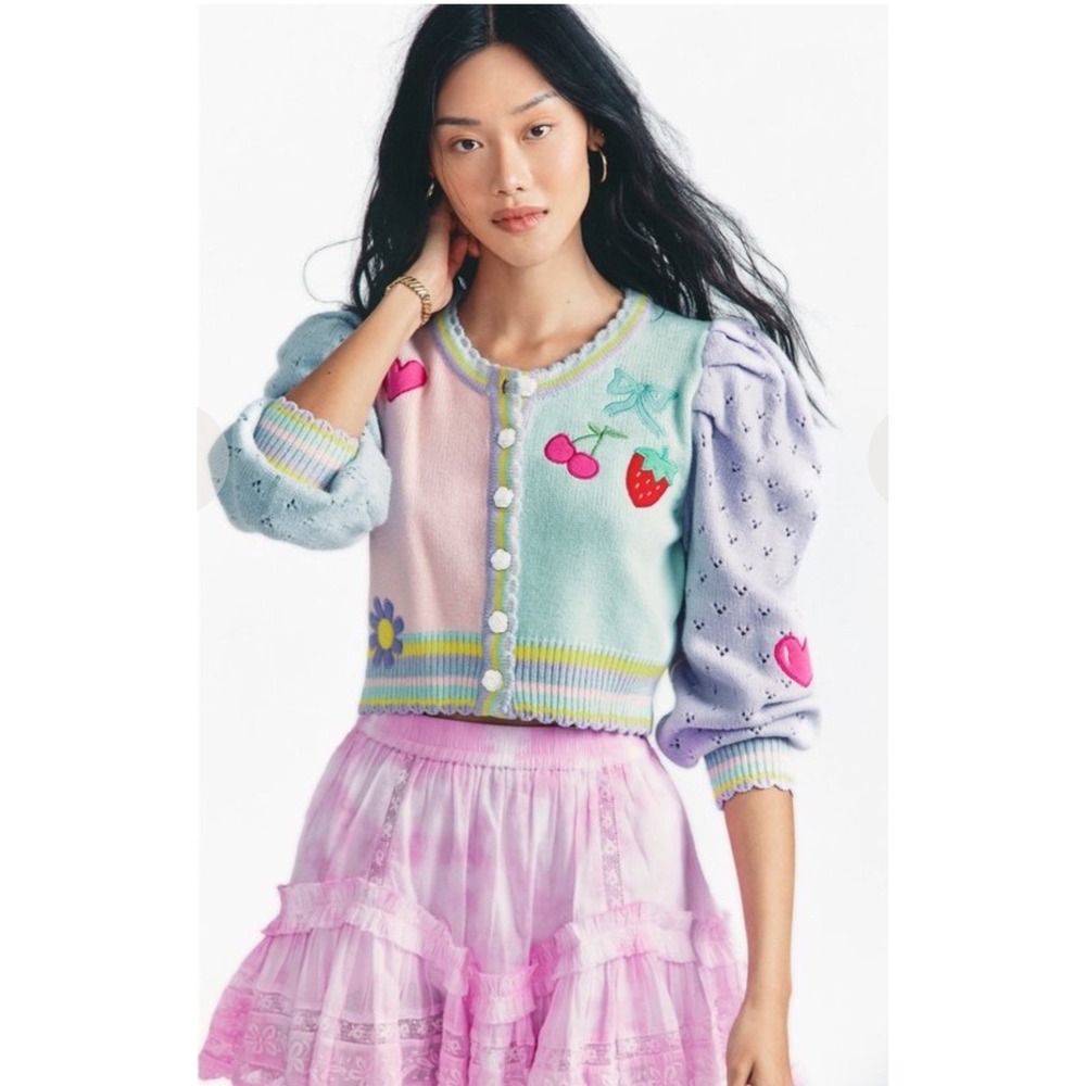 LoveShackFancy Vesper Cropped Cardigan Macaroon Party Multi Patchwork Pastel M